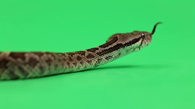Close-up of a brown and tan patterned snake flicking its tongue on a vibrant green screen background, perfect for chroma key editing and wildlife s...