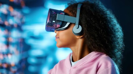 Young girl child wearing virtual reality headset and headphone, exploring digital world, smiling, immersive futuristic technology - Powered by Adobe