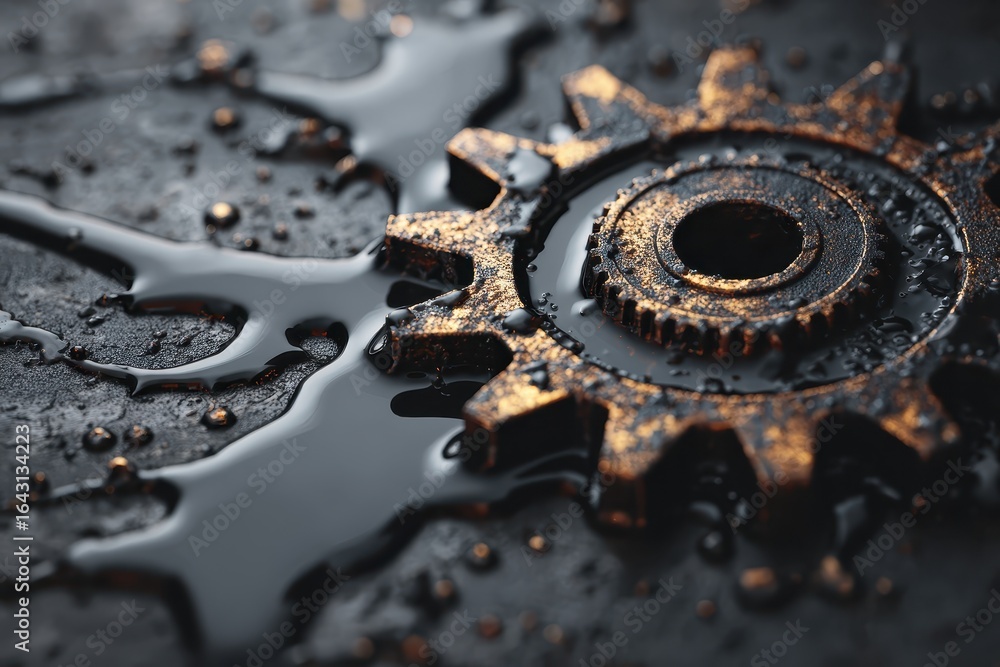 Aufkleber close up of a metallic gear immersed in oil with dynamic splash effects highlighting details and tex