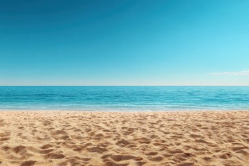 Obraz premium Empty sand beach under a bright blue sky on a summer day with gentle waves lapping the shore