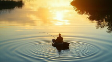 Fisherman enjoying peaceful sunset fishing from boat