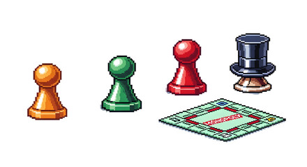 Monopoly game pieces and board square, isolated on transparent background