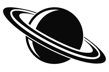 A stark black planet with prominent rings orbits in the vastness of space