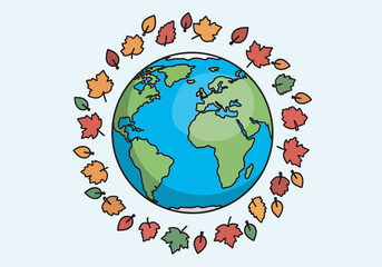 Naklejka premium Earth surrounded by colorful autumn leaves symbolizing seasonal change and environmental awareness on light blue backdrop, conveying a message of nature's cycle.