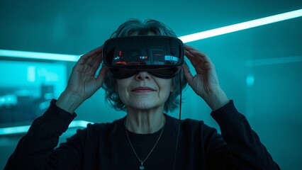 An elderly woman wearing virtual reality glasses, immersed in a digital world, demonstrates the combination of technology and age, highlighting how virtual reality can engage and entertain people