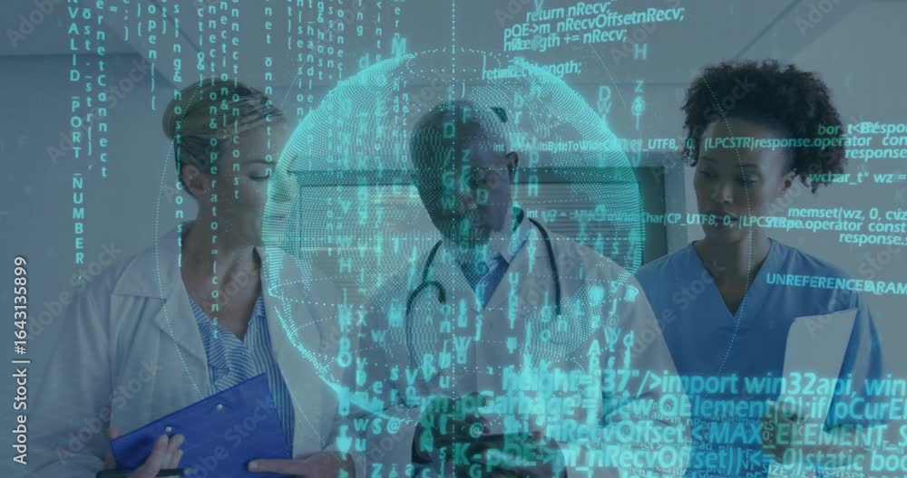 Aufkleber three medical professionals tapping tablet and accelerating 3d globe streaming code for data review