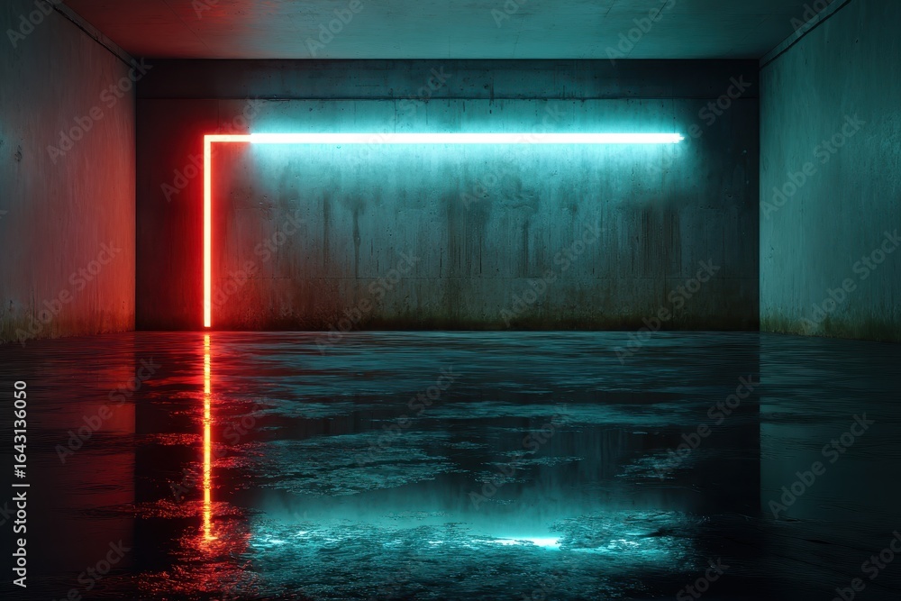 Poster neon lights illuminate a dark cement wall, creating a modern and dynamic atmosphere in an undergroun