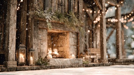 Rustic stone fireplace, snow falling, candlelight