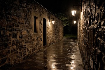 Stone alleyway at night, wet pavement, lit by lanterns