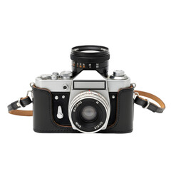 A vintage silver and black film camera with a leather case and strap, featuring a detailed lens, isolated on a transparent background for photography enthusiasts