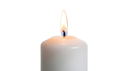 A single white candle burning with a bright flame, isolated on transparent background