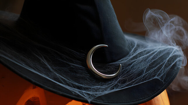 A velvet black witch hat with silver cobweb details, glowing with mysterious orange backlighting for Halloween