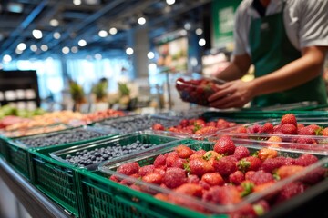 Midday in a well-lit grocery section with stacked baskets A staff member is refilling the berry containers with strawberries and blueberries The mood, Generative AI