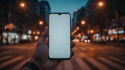 A blank smartphone screen against a bright nighttime cityscape filled with shining lights, reflecting the contrast between modern technology and urban nightlife in an elegant style.