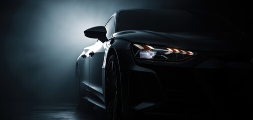 The sleek black sports car illuminated in dramatic low light.