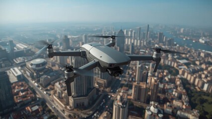 Fototapeta premium The drone flies high above the sprawling cityscape, capturing breathtaking aerial views of city buildings, streets, and landmarks, showcasing modern technology and dynamic city life