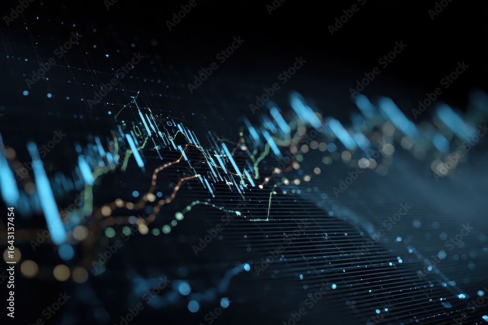 Poster financial data analysis with glowing stock charts depicting market trends and performance metrics in