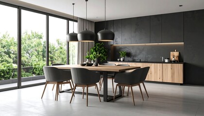 Modern kitchen and dining area with large windows, wooden table and dark cabinetry