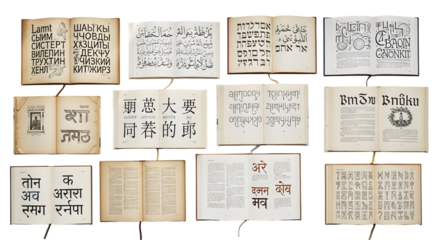 Collection of ancient books and manuscripts displaying various scripts and languages isolated on transparent background