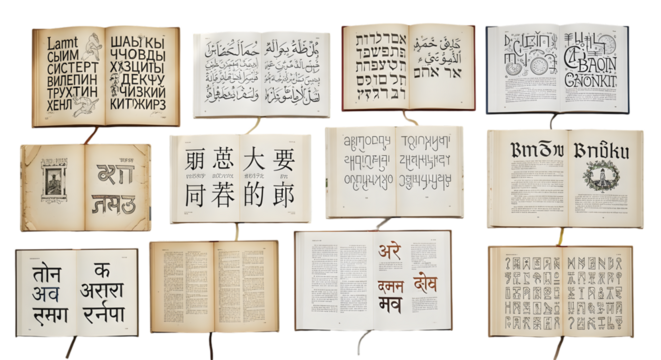 Collection of ancient books and manuscripts displaying various scripts and languages isolated on transparent background
