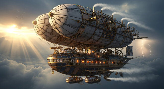 Grand steampunk airship with twin balloons ornate brass details and steampowered propellers.