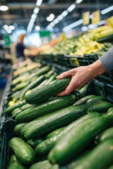 Afternoon in a large supermarket with busy shoppers A person is placing fresh cucumbers and zucchini on the shelves The mood is productive and fast, Generative AI