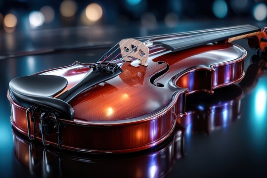 Beautiful wooden violin resting on a reflective surface under soft lighting