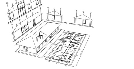 one-story traditional house plan 3d illustration