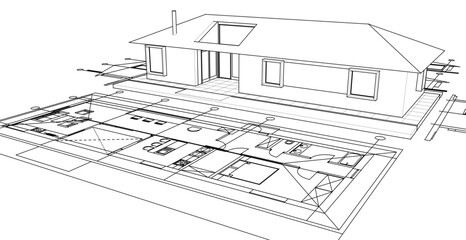 one-story traditional house plan 3d illustration
