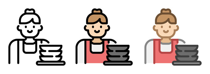 Female busser icon. Dishwasher line and fill icon. Outline, filled, and color versions. Vector illustration with editable stroke. Isolated on transparent background.