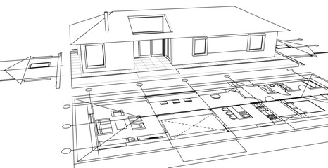 one-story traditional house plan 3d illustration