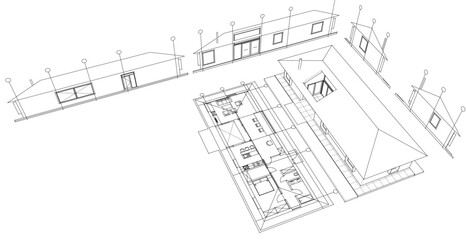 one-story traditional house plan 3d illustration