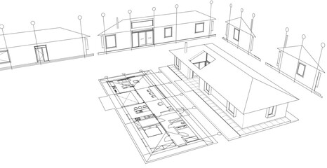 one-story traditional house plan 3d illustration