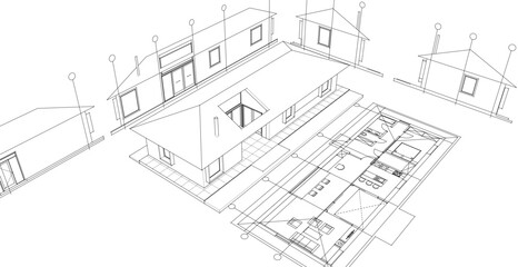one-story traditional house plan 3d illustration