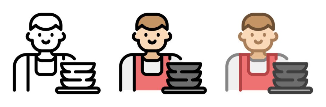 Male busser icon. Dishwasher line and fill icon. Outline, filled, and color versions. Vector illustration with editable stroke. Isolated on transparent background.