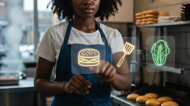 A focused Black adult woman chef uses an interactive augmented reality holographic display in a modern restaurant kitchen, demonstrating innovative future technology for food preparation and service.