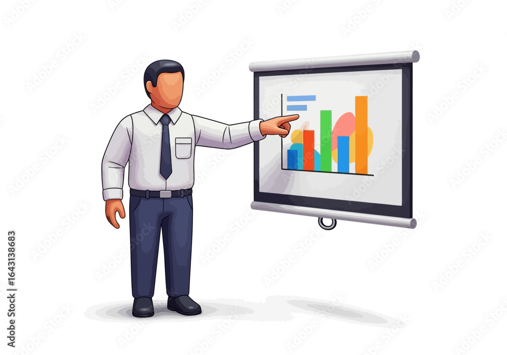 Poster business presentation with a businessman pointing to a colorful chart on a screen
