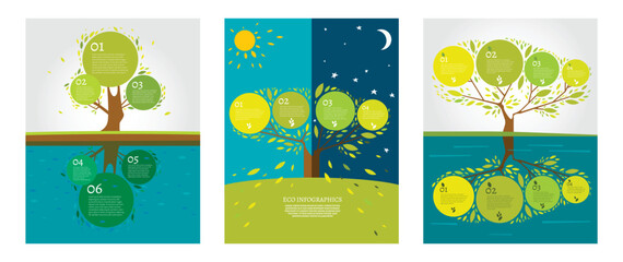 Beautiful bio infographics with trees at day and night.