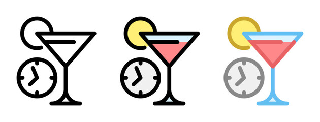 Happy hour icon. Happy hour, line and fill icon. Outline, filled, and color versions. Vector illustration with editable stroke. Isolated on transparent background.