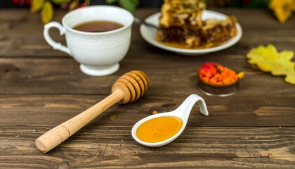 Honey, tea, and autumnal elements arranged on a rustic wooden surface