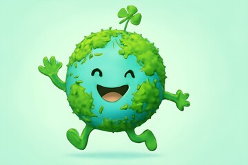 Happy cartoon earth character with a smiling face and waving arms running with joy