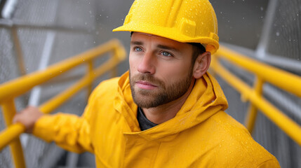 Construction worker wearing yellow raincoat and helmet holding railing on wet stairs with focused expression