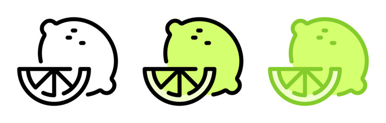 Lime icon. Citrus fruit, line and fill icon. Outline, filled, and color versions. Vector illustration with editable stroke. Isolated on transparent background.