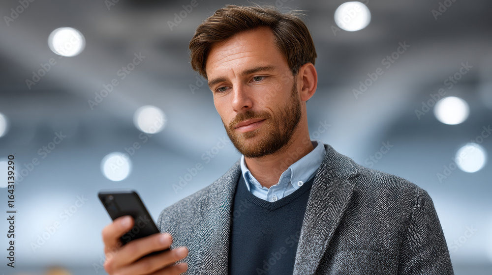 Poster man using smartphone in modern office with blurred lights background showing focused expression