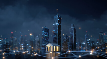 Digital transformation in finance with futuristic cityscape and network connections glowing at night