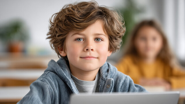 Young boy with curly hair using laptop in classroom with blurred student in background, focused and calm expression