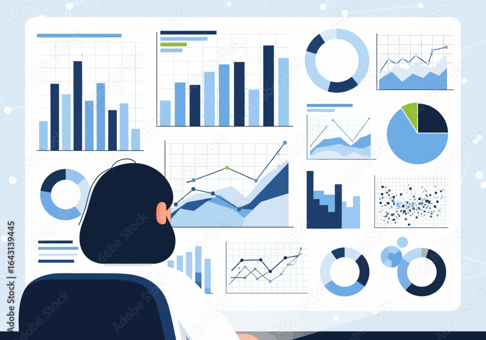 Poster professional analyst examining a comprehensive data dashboard with various business intelligence gra