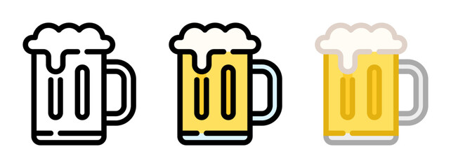Beer icon. Beer mug with handle, line and fill icon. Outline, filled, and color versions. Vector illustration with editable stroke. Isolated on transparent background.