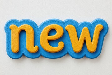 Bright yellow word "new" on a light blue background,  3D effect