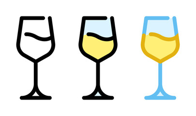 White wine glass icon. Glass of white wine, line and fill icon. Outline, filled, and color versions. Vector illustration with editable stroke. Isolated on transparent background.